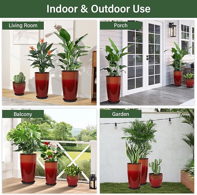 24/21/12 Inch Large Plastic Planter, Lightweight Ceramic-Look Tall Planters with Drain Hole & Saucers, Tall Plastic Planters for Porch, Garden, Patio, Balcony(Fiery Red) Neoaider