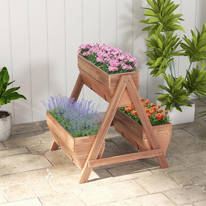 Giantex Vertical Raised Garden Bed, 3 Wood Planter Boxes for Flower Vegetable Fruit Herb, Freestanding Garden Planter with Drain Holes, Elevated Raised Beds for Indoor Outdoor Lawn Patio Yard, Brown Giantex