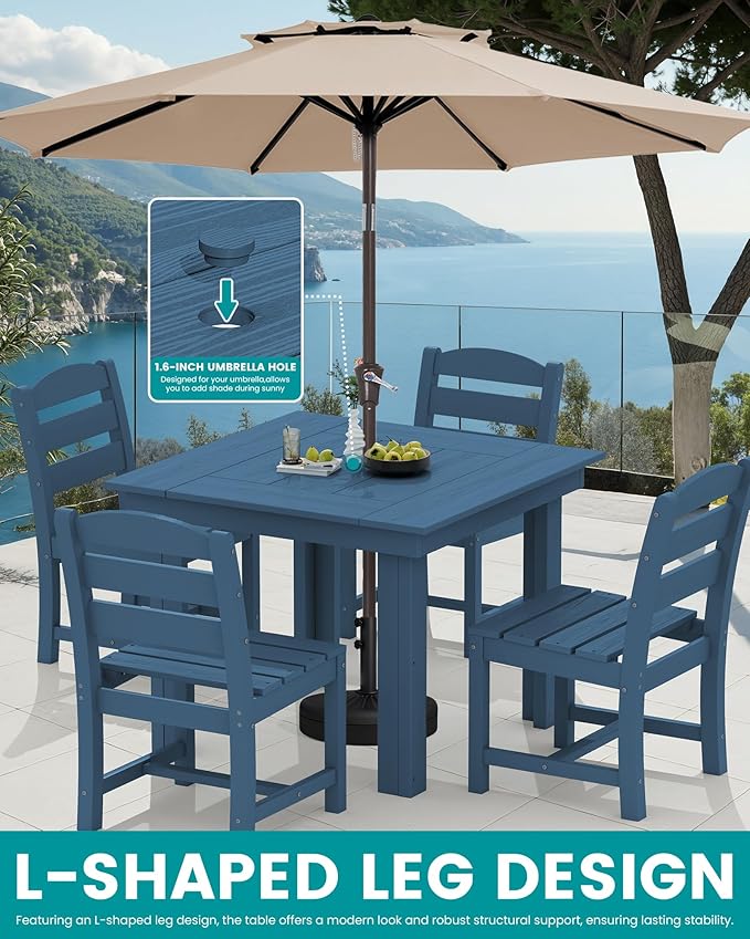 SERWALL Outdoor Dining Set for 4, HDPE Square Table and Chairs Set All Weather Patio Dining Set with 4 Armless Chairs for Patio, Blue SERWALL