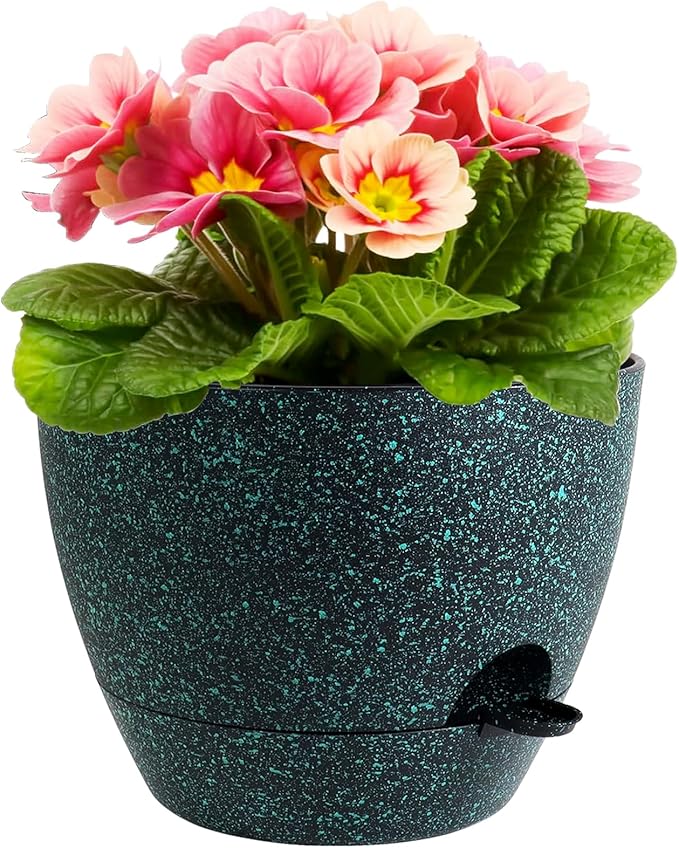 12 inch Large Self Watering Pots for Indoor Outdoor Plants, Flower Plant Pots with Mesh Drainage Holes for Garden House Plants, Plastic Planters for Home, Black with Green Speckles Meowell