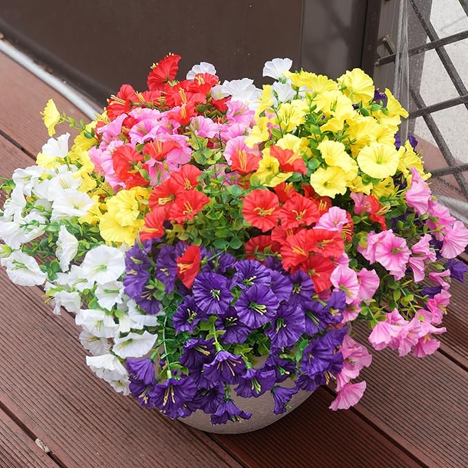 Artificial Flowers for Outdoors, UV Resistant Fake Silk Morning Glory, Realistic Faux Plants for Outside Porch Patio Window Box Hanging Planter (12, Purple White Yellow Pink Red) maxkes