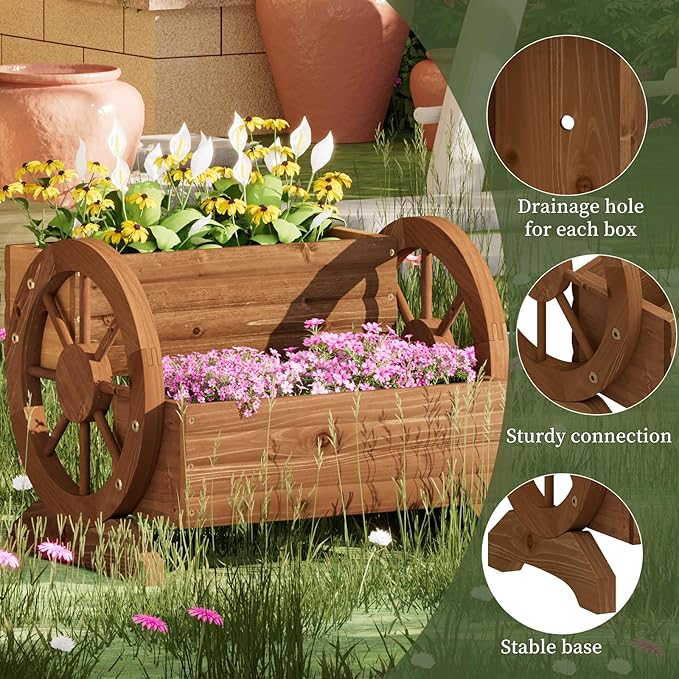 Wooden Wagon Planter Flower Cart with Wheels Garden Box Garden Planter, Decorative Planter for Flowers Herbs Vegetables for Indoor & Outdoor Décor Flower Cart for Patio Garden Balcony (Brown) PULIJIAJU