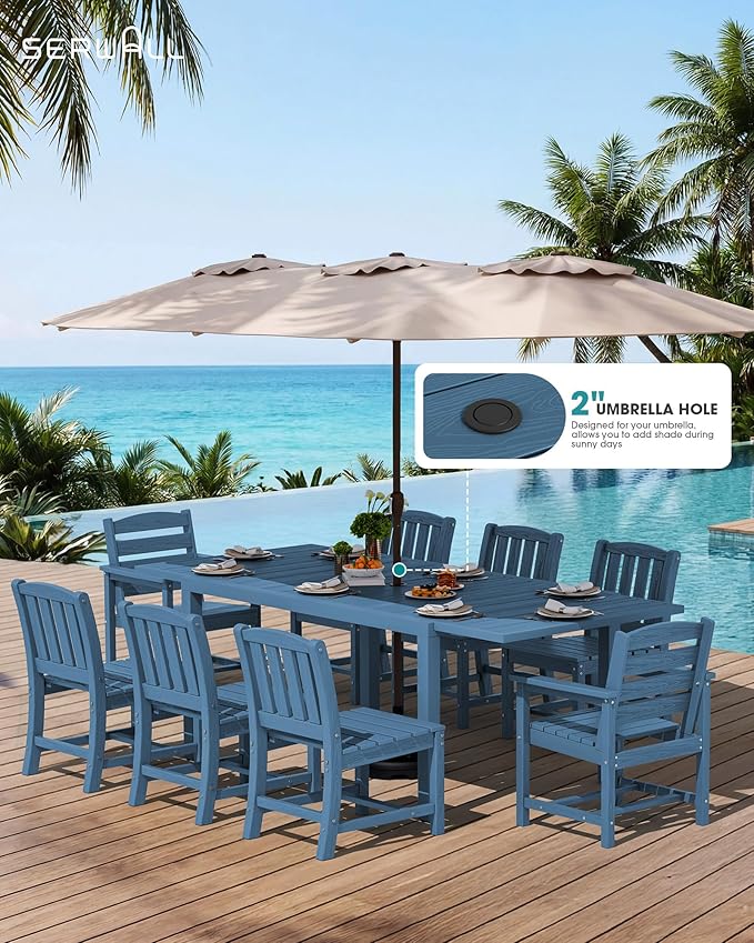 SERWALL 9-Piece Outdoor Dining Set, 60" - 83" Expandable Outdoor Dining Table and 8 HDPE Chairs, All Weather HDPE Outdoor Furniture Set for Backyard, Garden, Blue SERWALL
