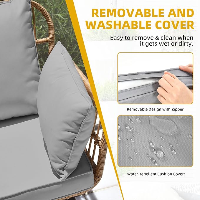 DWVO Patio Furniture Set 4 Pieces Boho Wicker Bistro Set, All Weather Outdoor Rattan Conversation Set with Loveseat Chairs Table Soft Cushions for Backyard, Pool, Garden - Grey DWVO