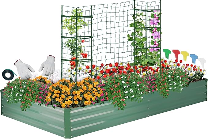 ONCEMORE Galvanized Raised Garden Bed for Vegetables Flowers Herbs, Metal Raised Garden Bed Kit with 2 PCS Tomato Cage, Gloves, Trellis Netting, Plant Labels, Plant Ties, Green 6×3×1FT ONCEMORE