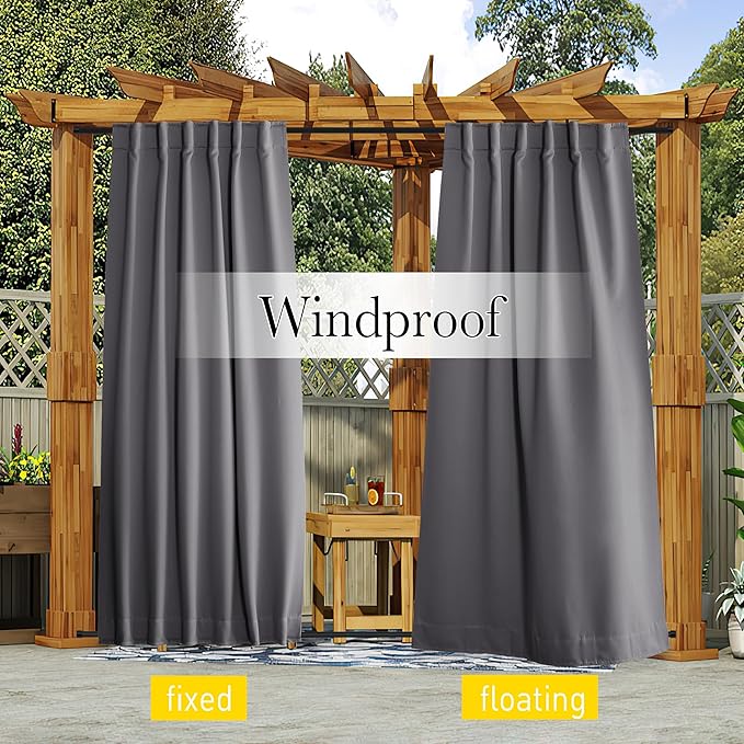 NICETOWN 2 Panels Outdoor Curtains Waterproof Pocket & Back Tab on Top & Bottom, Thermal Insulated Windproof Sun Blocking Outside Privacy Drapes for Patio with Fixed Rope, W84 x L84, Grey NICETOWN