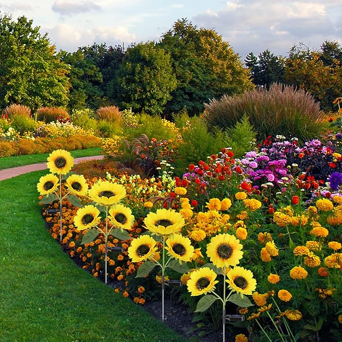 Solar Sunflower Lights, 800mA Solar Garden Light with Real Looking Flowers Outdoor Waterproof Solar Stake Lights for Back Yard, Flower Bed, Pathway, Patio, Porch, Fall Decoration (4 Pack) Meagoo