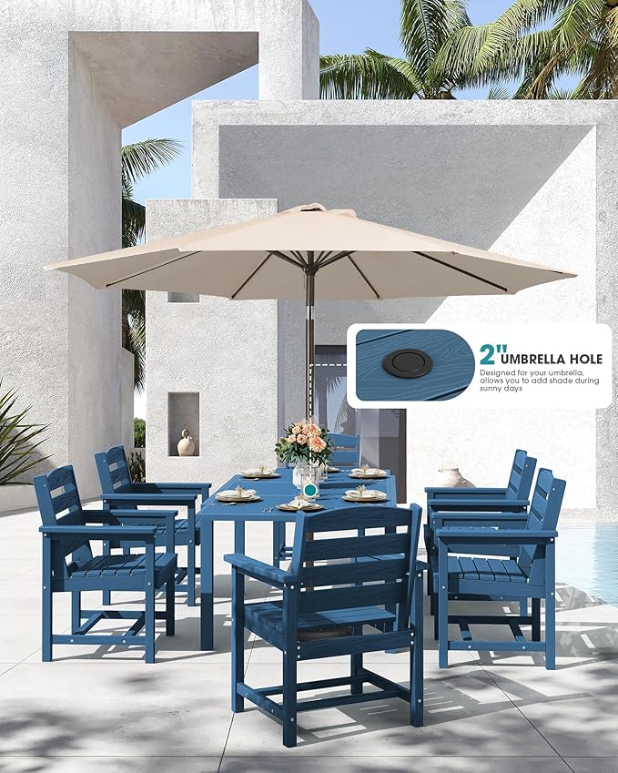 SERWALL 7-Piece Patio Dining Sets, 60" - 83" Expandable Outdoor Dining Table and 6 HDPE Chairs, All Weather HDPE Outdoor Furniture Set for Backyard, Garden, Blue SERWALL
