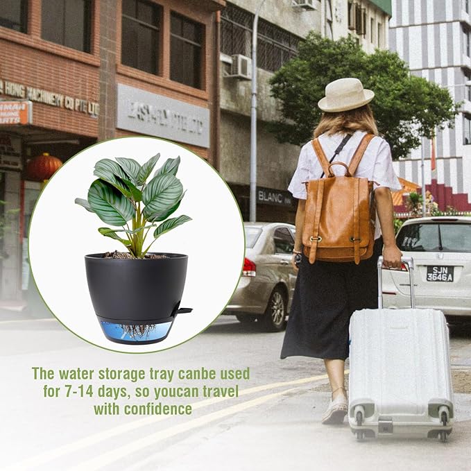 8 inch Self Watering Pots, 2 Pack Plastic Planters with Mesh Drainage Holes for Garden Plants and Flower, Plants Pots with Deep Reservoir for Indoor Outdoor Plants, Black WSMKSZ