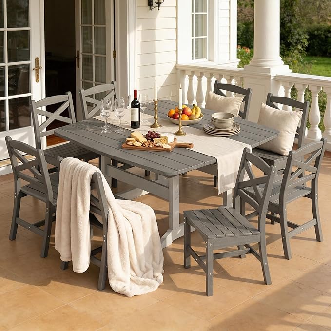 9-Piece Patio Dining Table Set, HDPE Outdoor Table and Chairs Set, All-Weather Outdoor Dining Set for 8 with Umbrella Hole, Durable Patio Furniture Set with Chairs,White Grey Rootora