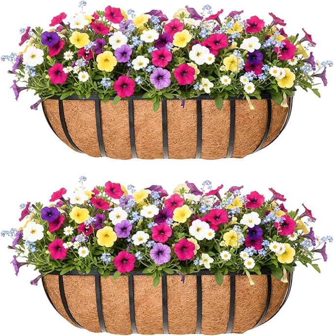 30'' Window Box Railing Planter with Coco Liner,2 Pack Horse Trough Planters Black Metal Hanging Flower Planters Basket for Porch Fence Patio Indoor Outdoor Lawn Qusuxi