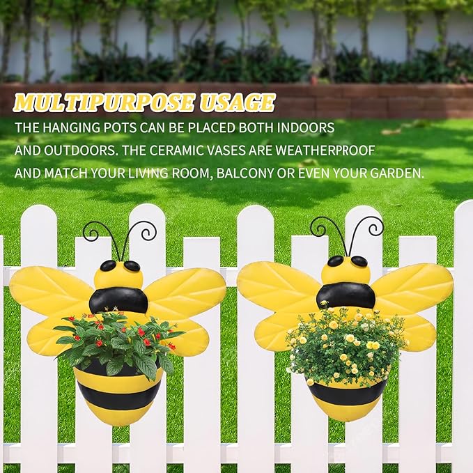 Metal Wall Planter Bee Wall Mounted Planters Small Flower Pot with Drainage for Indoor Outdoor Farmhouse Hanging Planter Succulent Plant Container Vertical Garden Yard Decor Chonsun