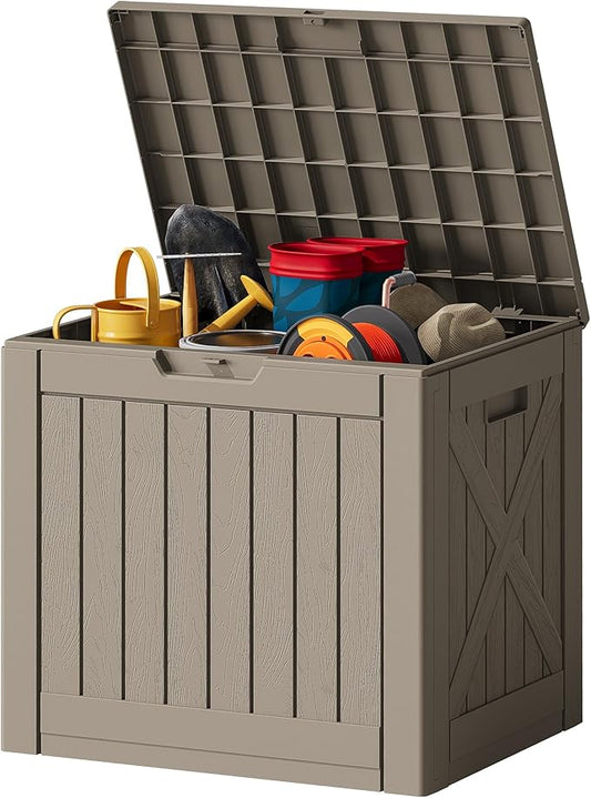 JUMMICO 42 Gallon Deck Box Waterproof, Resin Outdoor Storage Box with Side Handles, Outdoor Storage Benches Lockable for Patio Cushions and Garden Tools (Light Brown) JUMMICO