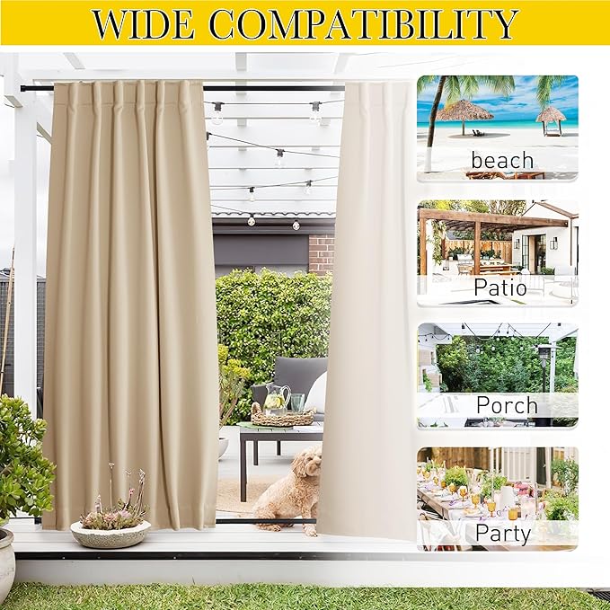 NICETOWN 2 Panels Outdoor Curtains Waterproof Pocket & Back Tab on Top & Bottom, Thermal Insulated Windproof Sun Blocking Outside Privacy Drapes for Patio with Fixed Rope, W84 x L95, Biscotti Beige NICETOWN
