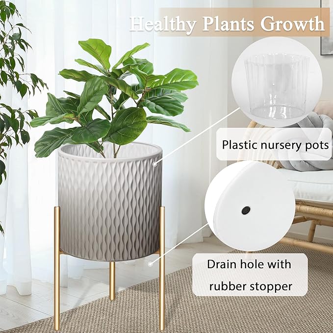 ARNIS Plants Pots with Stand,Set of 2 Flower Pots, Unique Mid Century Decorative Metal Flower Pots with Drainage,10.5&12.25 Inch, Grey and White ARNIS