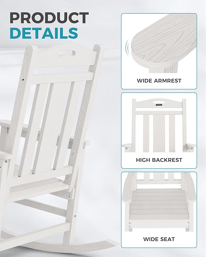 Ciokea Oversized Outdoor Rocking Chairs Set of 4, 380lbs Heavy-Duty Large Patio Rocker, High Back Cozy Porch Chairs, Weather Resistant Patio Rocking Chairs for Outside, Fire Pit, Deck, White CIOKEA