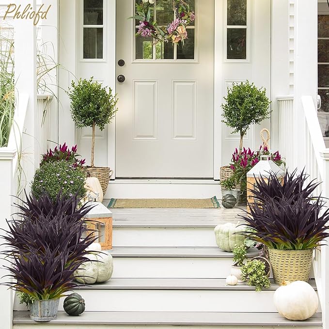 32 Pcs Artificial Grass Fake Grass Plants 17.3in Outdoor Plants UV Resistant Faux Greenery Stems for Home Window Garden Office Patio Pathway Front Porch Halloween Décor Light Green & Purple Phliofd