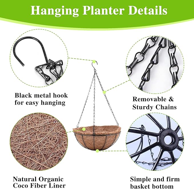 4 Pack Hanging Planter Basket Outdoor Large Hanging Flower Pots Indoor 12 inch with Coco Coir Liner Round Wire Plant Holder Chain Hanging Basket Garden for Home Decor Balcony Office1 EIMQUVW