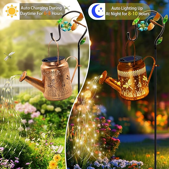 Solar Powered Dragonfly Watering Can Lights Waterproof Outdoor Garden Decor with Shepherd Hook, Hanging Patio Lights for Yard, Porch, Backyard Perfect Gardening & Birthday Gift for Women, Mom, Grandma YJFWAL