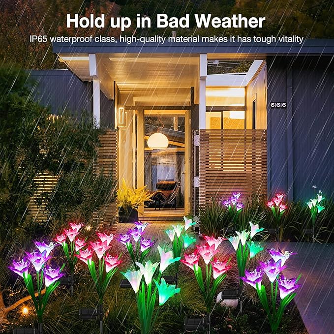 KOOPER Outdoor Solar Lights, 4 Pack Solar Garden Light with Bigger Lily Flowers, Waterproof 7 Color Changing Solar Lights Outdoor - Bigger Panel for Patio Yard Garden Decoration, Gift for Mom KOOPER
