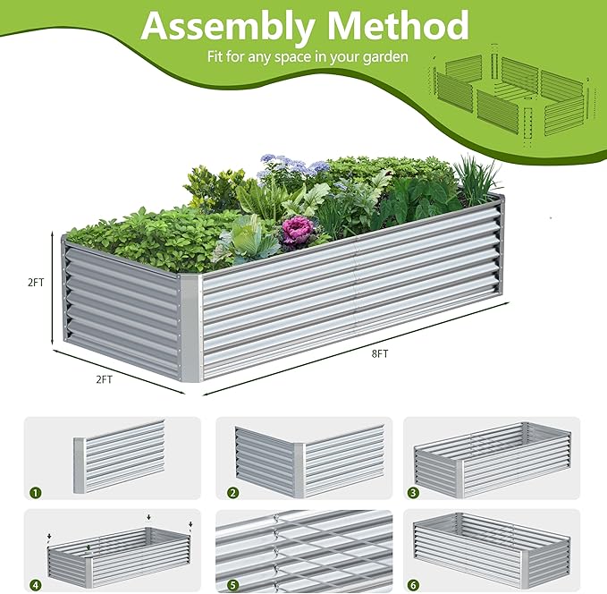 8x2x2FT Galvanized Raised Garden Bed,Galvanized Planter Boxes Outdoor, Large Metal Raised Garden Beds for Vegetables-Silver AyenGuard
