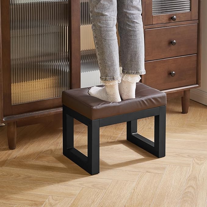 IBUYKE 16 Inch Small Foot Stool Ottoman, Rectangle PU Faux Leather Foot Rest with Padded Seat and Metal Legs, Modern Ottoman Foot Rest for Living Room Bedroom Entryway Couch, Deep Coffee WBD026K IBUYKE