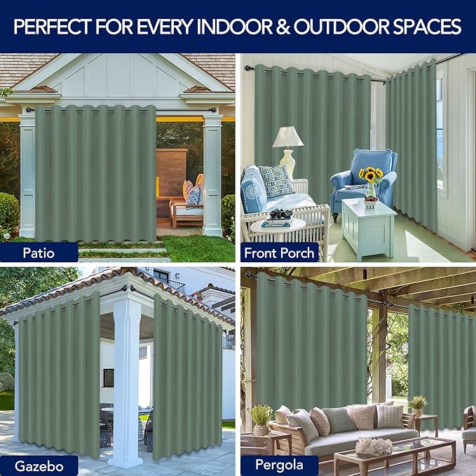 PureFit Outdoor Curtains for Patio Waterproof Weatherproof, UV Resistant Outside Curtains for Gazebo, Front Porch, Pergola, Sun Blocking Privacy Curtain, 120W x 95L inch, 1 Panel, Sage Green PureFit