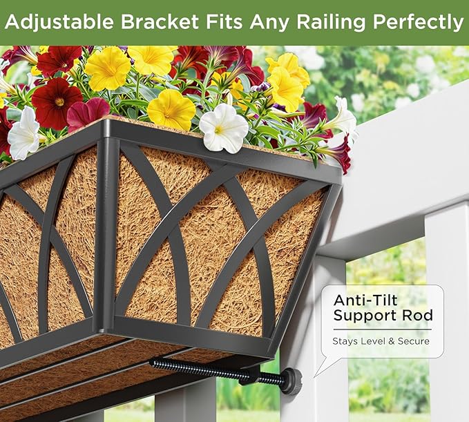 HFHOME 4 Pcs 30" Window Box Deck Railing Planter with Horse Trough Coco Liners, Black Metal Hanging Flower Planters Baskets for Indoor, Outdoor, Balcony, Porch, Fence, Patio, and Lawn HFHOME