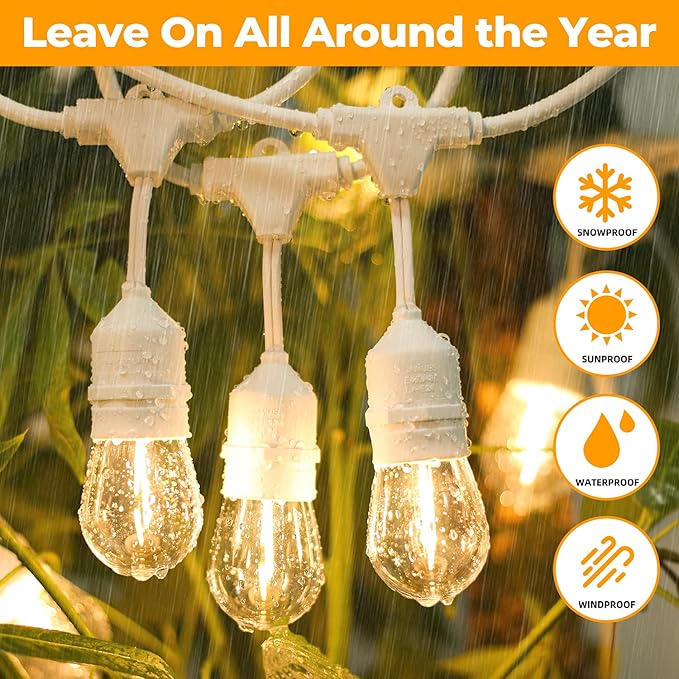 96FT(48×2) Outdoor String Lights, Commercial Grade Heavy Duty White Wire Patio Light with Dimmable S14 Shatterproof LED Bulbs, Linkable Waterproof Bistro Lights for Outside Deck Backyard Cafe Market Lakumu