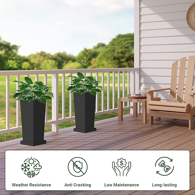 Tall Planters 18" H - 2 Pack, Tapered Pots with Drainage Insert Shelve & Trays, Metal Outdoor Planter Box for Porch, Garden, Patio, Yard (Black) Toriexon