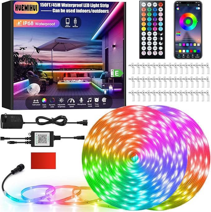 150Ft Outdoor LED Strip Lights, IP68 Waterproof Color Changing RGB LED Light Strips with IR Remote and APP, 24V Music Sync Led Rope Lights,Flexible Outdoor DIY Tape Lights for Balcony Deck Garden Pool HUEMIHUI