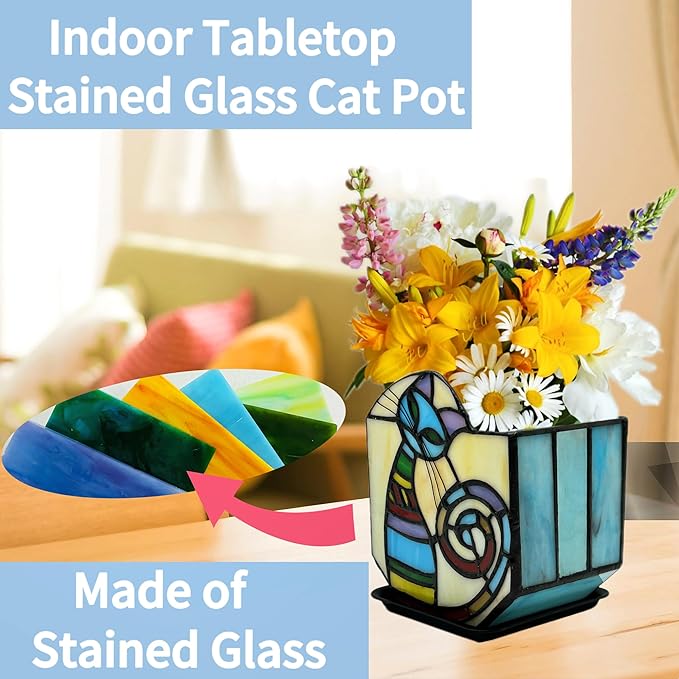 Stained Glass Cat Unique Plant Pot, Indoor Planter with Drainage and Tray,Succulent Plants Flower Pot,Cat Lover Gifts,4.6x3x5.15 in Entlityful