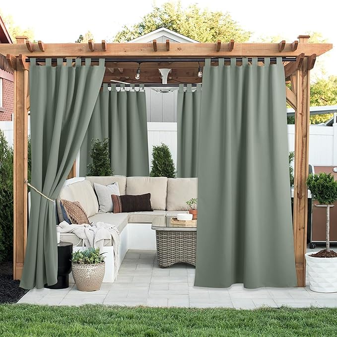 NICETOWN 2 Panels Outdoor Sage Green Curtainss Waterproof for Patio, Detachable Sticky Tab Top Weighted Blackout Sun & Rain Block Window Treatment, Privacy for Gazebo/Porch, W52 x L95 NICETOWN
