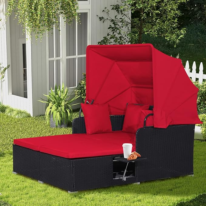 COSTWAY Outdoor Daybed with Retractable Canopy, Wicker Patio Furniture Set with Cushioned Pillows, Patio Rattan Daybed for Deck, Backyard, Poolside (Red) COSTWAY