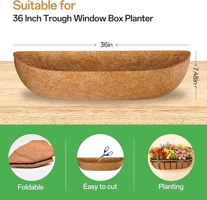 ZeeDix 36 Inch Trough Coconut Liners for Planters (2-Pack) - 100% Natural Coconut Coir Fiber Planter Liners Replacement for Window Boxes, Wall Baskets, Deck Flower Boxes, Garden Railing Fence Troughs ZeeDix