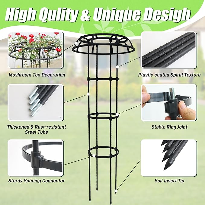 Garden Trellis for Climbing Plants Outdoor, 65 Inch Mushroom Top Trellis for Climbing Plants, Plant Trellis Support for Potted Plants Climbing Vine Rose Clematis Vegetable Trellis, 2 Pack Rootora