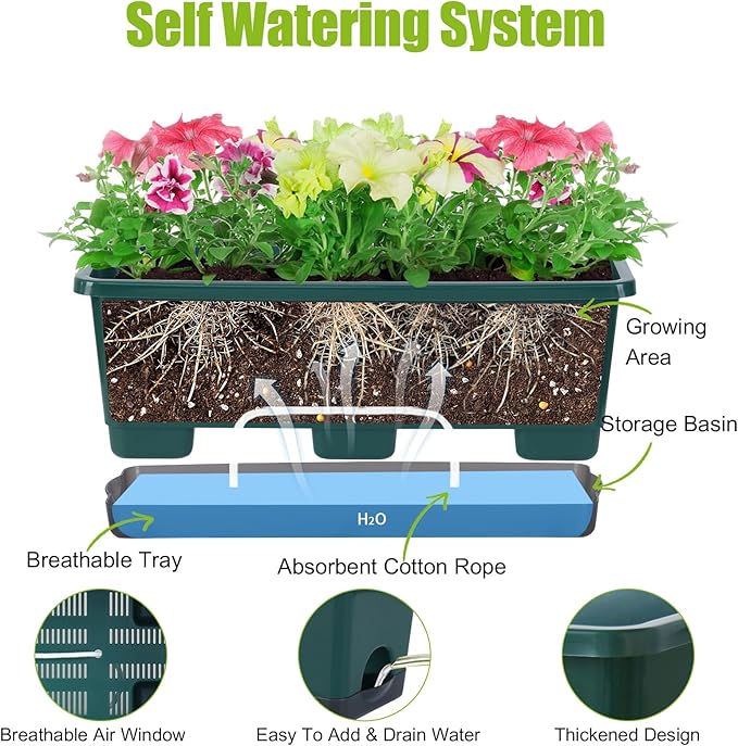 Window Box Planter 8 Pcs, 17 Inches Rectangle Flower Pots with Drainage Holes & Trays, Vegetable Planters for Windowsill Patio Garden Balcony Home Indoor Outdoor (Dark Green, 16 * 7 * 6 inch) Oliz