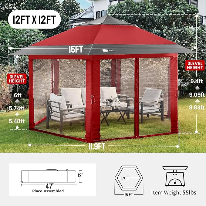 CROWN SHADES 12x12 Pop Up Gazebo with Mosquito Nettings, Patented Center Lock 6-Sided Portable Gazebo, 300D Silver-Coated Fabric UV Resistant, Pop Up Canopy Tent for Patio, Party, Red&Grey CrownShades