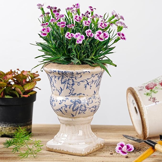 Sungmor Small Ceramic Urn Planter - Blue and White Floral Pedestal Flower Pot, Decorative Vintage Chinoiserie Style Planters, Tuscan Accent Vase Indoor Outdoor Plant Holder with Drainage Sungmor