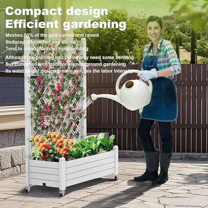 Raised Garden Bed with Trellis, 21 Gallon Self Watering Planter Box with Lockable Wheels & Drainage Holes for Climbing Plants Vegetables Flowers, Anti-Rust Resin for Backyard Patio (Ashen) OutdoorLivingPerfected