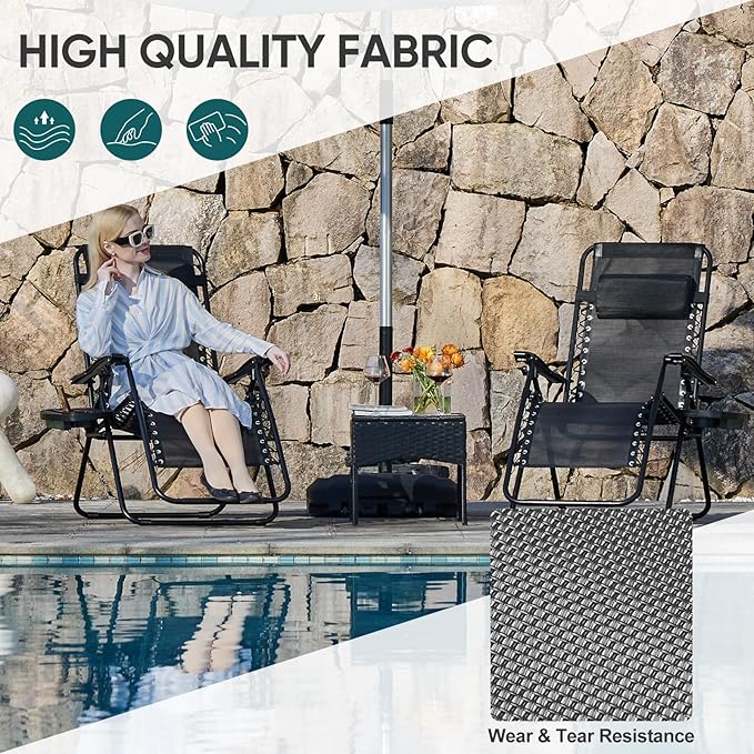 NEWBULIG Zero Gravity Chair Set of 4, Lounge Chair Folding Portable Adjustable Camping Reclining Chairs with Adjustable Pollow, Mesh Back, Cup Holder Trays Lawn Patio Chair for Pool Beach - Black NEWBULIG