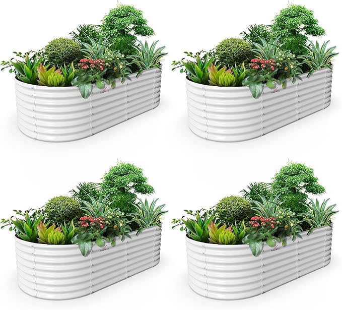 A ANLEOLIFE 4-Set 8X4X2 ft Galvanized Raised Garden Bed Kit, Oval Metal Deep Root Planters for Outdoor Plants, Antique White AAnleolife