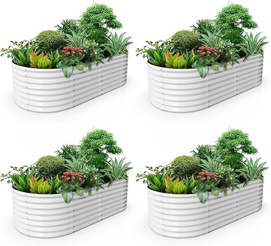 A ANLEOLIFE 4-Set 8X4X2 ft Galvanized Raised Garden Bed Kit, Oval Metal Deep Root Planters for Outdoor Plants, Antique White AAnleolife