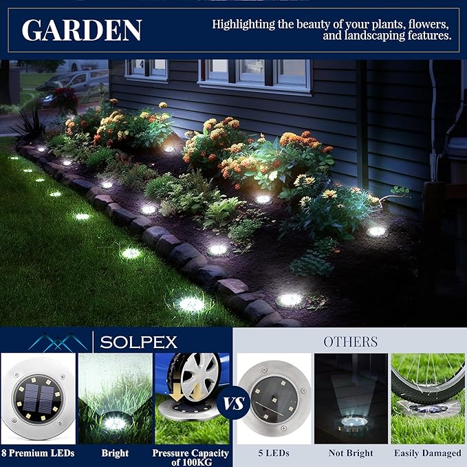 SOLPEX Solar Ground Lights, 16 Pack Solar Lights Outdoor Waterproof, 8 LED Solar Powered Landscape Lighting for Garden Yard Patio Pathway Driveway Walkway (Cool White) Solpex