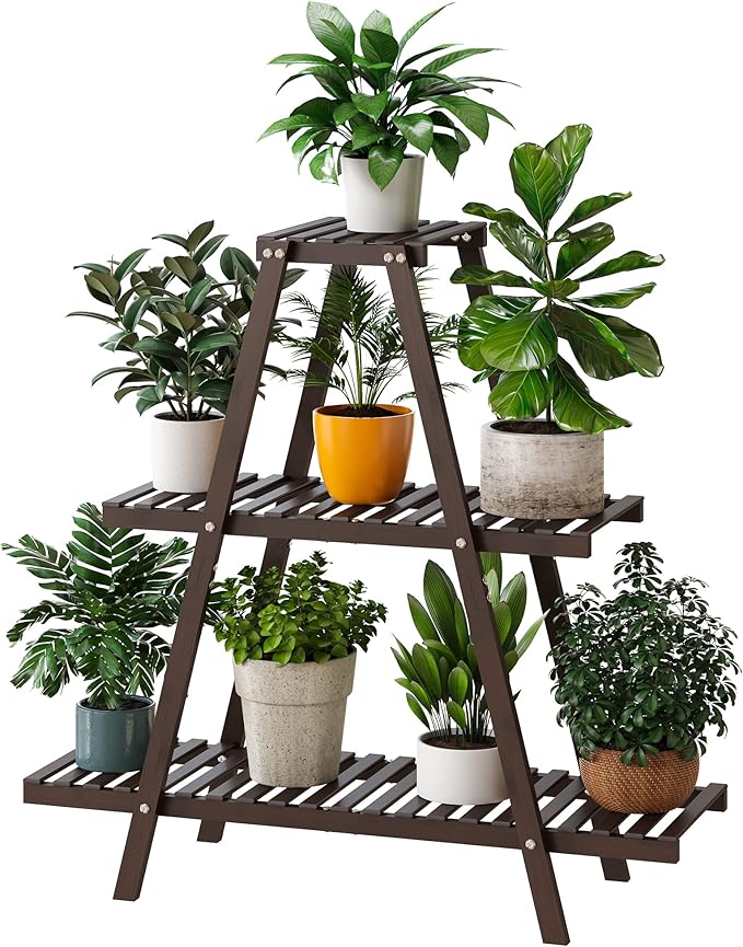 Plant Stand Indoor, Outdoor bamboo Plant Rack for Multiple Plants, 3 Tier 8 Potted Flower Holder Ladder,Plant Shelf Ladder Table Plant Pot Stand for Living Room, Patio, Balcony (Brown) Furshus