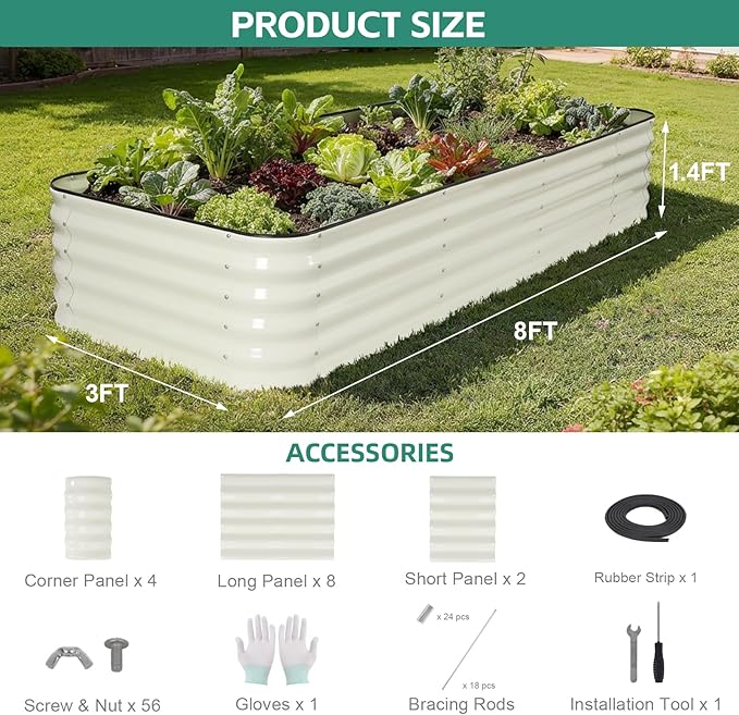 5 in 1Galvanized Raised Garden Bed - 8x3x1.4ft Modular Garden Planter Bed Outdoor | Steel Raised Bed Kit with Bracing Rods, Gloves for Gardening Vegetables Fruits and Flowers - White BIRDSINYARD