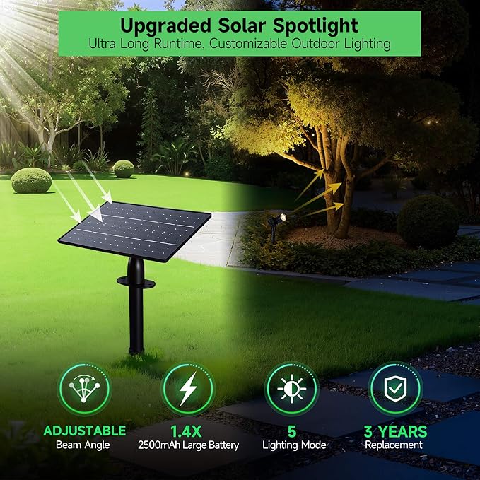 Outdoor Solar Spotlight, Adjustable Angle Landscape Spotlight Waterproof, 2500mAh All Night Separate Panel LED Uplight Dusk to Dawn, 5 Lighting Modes for Outside Patio Wall Path House 4 Pack Varmtalys