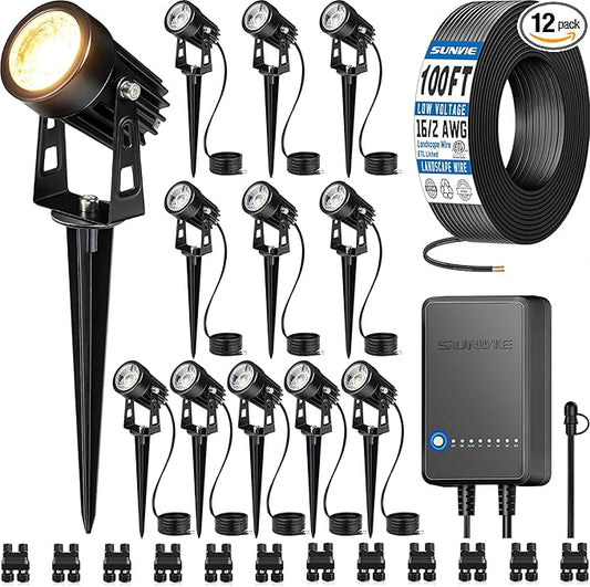 SUNVIE All-in-One LED Low Voltage Landscape Lighting Kit, 12-Pack Landscape Lights with Transformer 100FT Wire and Connectors, 3000K Waterproof Low Voltage Landscape Lights for Garden Yard House Tree SUNVIE