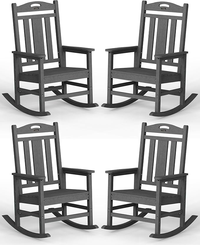 Ciokea Oversized Outdoor Rocking Chairs Set of 4, 380lbs Heavy-Duty Large Patio Rocker, High Back Cozy Porch Chairs, Weather Resistant Patio Rocking Chairs for Outside, Fire Pit, Deck, Dark Grey CIOKEA