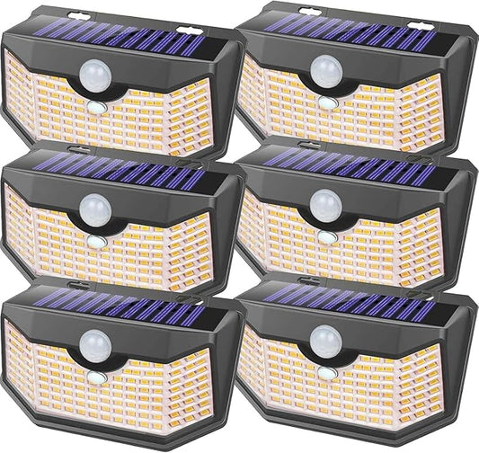 HMCITY 120 LED Outdoor Solar Lights- with Motion Sensor and 3 Lighting Modes, IP65 Waterproof Wide Solar Wall Lights Ideal for Garden Patio Yard (Front Button 6Packs, Black Shell-Warm White) LightingUpYourLife